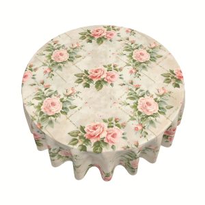Pink Rose Tablecloth Waterproof Vintage Floral Table Cloth 60 Inch Round Spring Summer Flower Table Cloth For Holidays Parties Living Room Decor Wrinkle Resistant Floral Table Cover