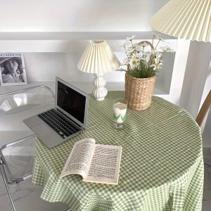 Rustic Gingham Checkered Tablecloth - 1pc, Cotton Linen Blend, Round, Machine-Woven Non-Woven Fabric Table Cover for Home Decor - 100% Linen Feel, Country Style